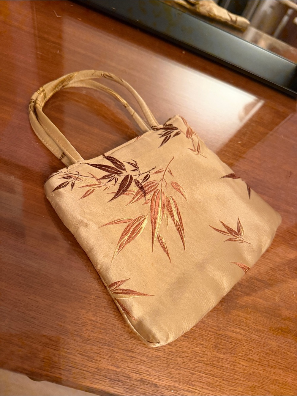 Silk Gold Mini clutch with Asian Inspired Bamboo Motif and Satin Lining